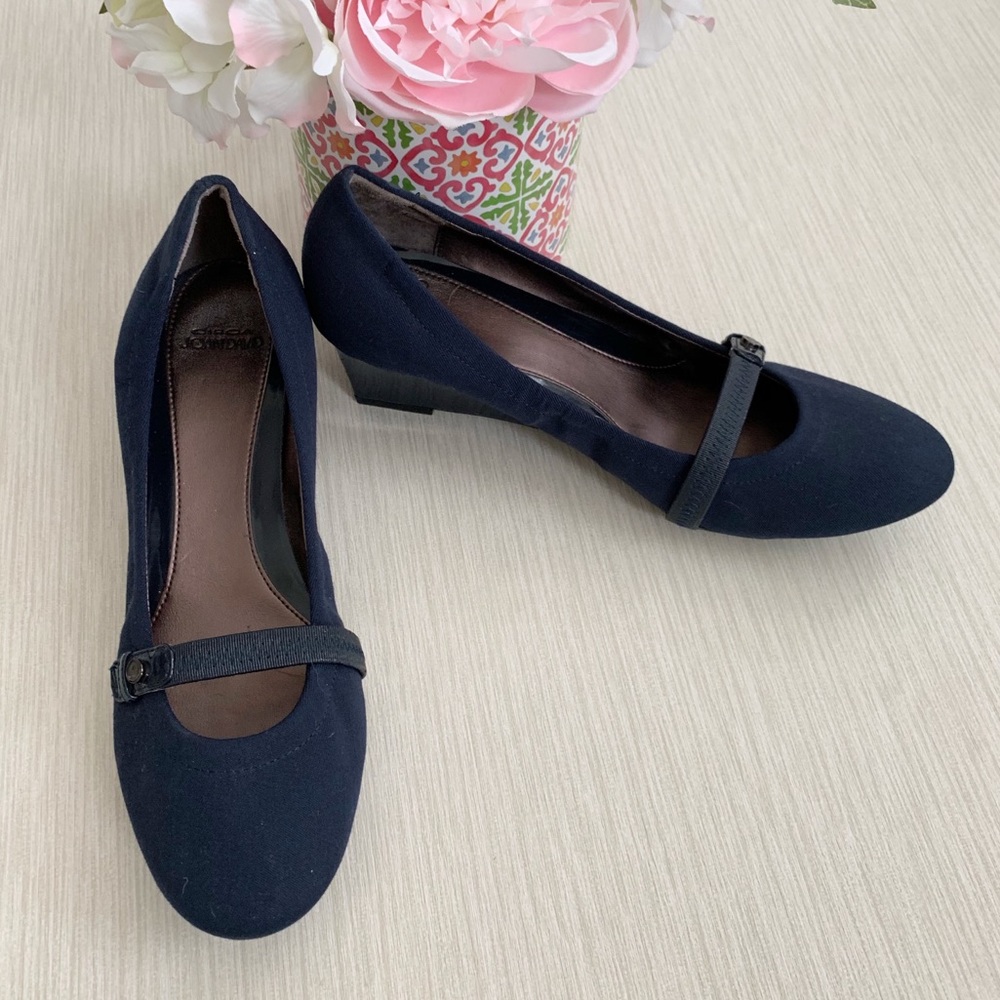 Circa Joan & David • Navy wedge Mary Janes